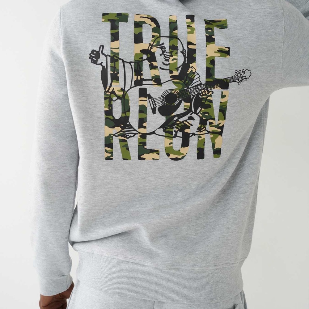 NWT True Religion HEATHER GREY BUDDHA ZIP HOODIE W/BACK CAMO PRINT LOGO
